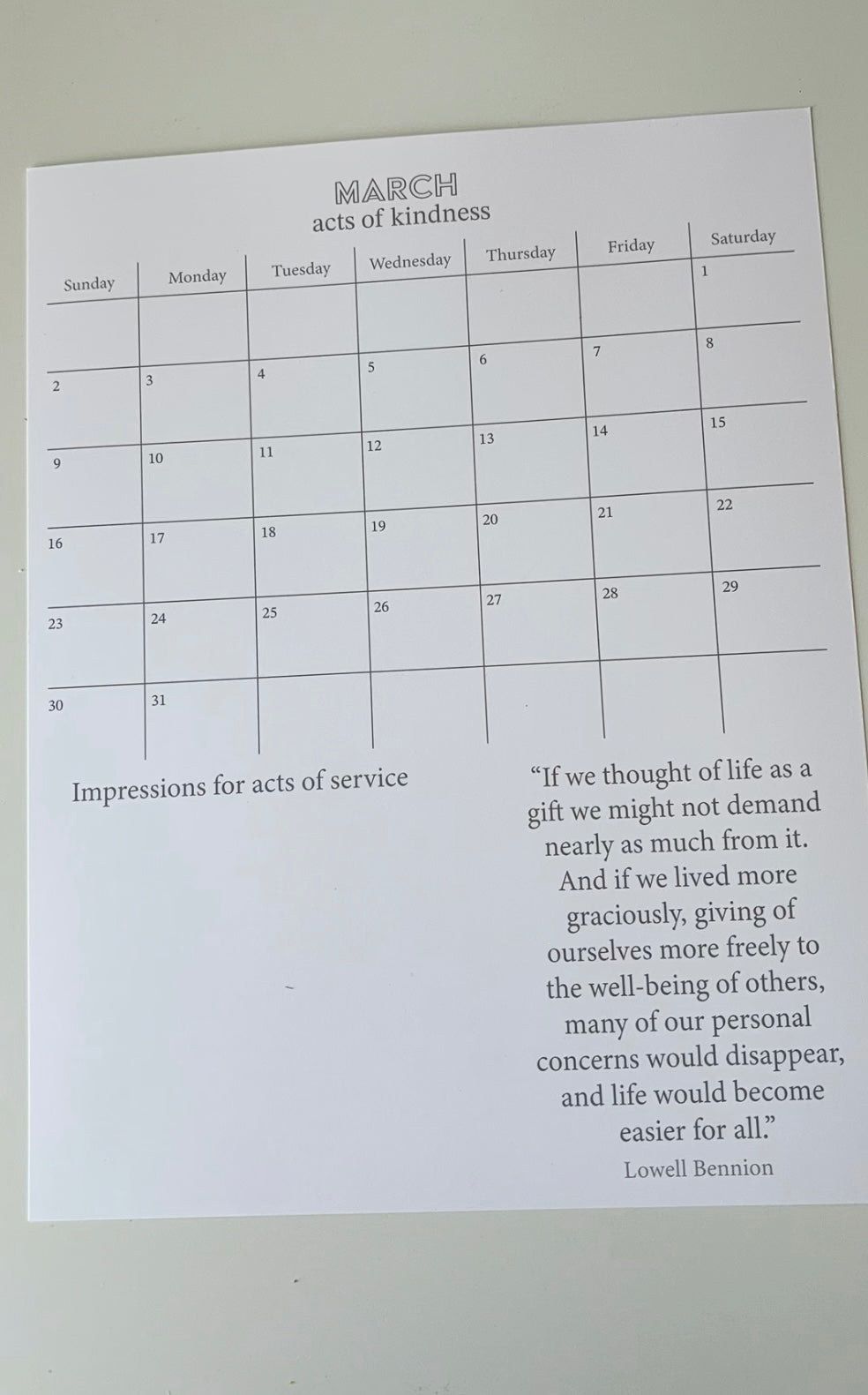 March Kindness Calendar