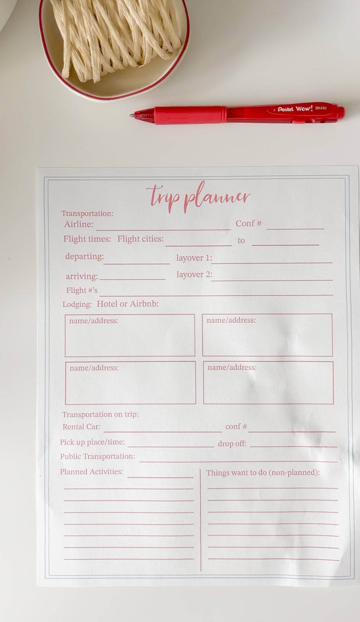 Trip Planner Printable